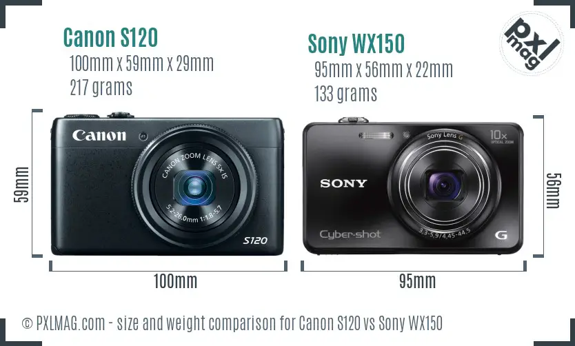 Canon S120 vs Sony WX150 size comparison