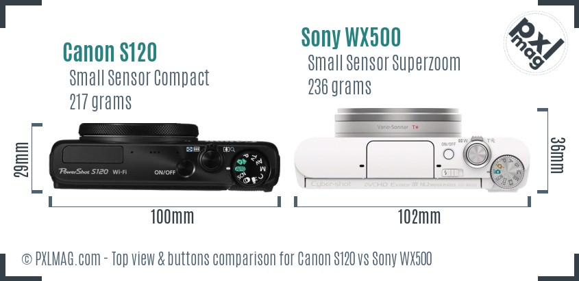 Canon S120 vs Sony WX500 top view buttons comparison