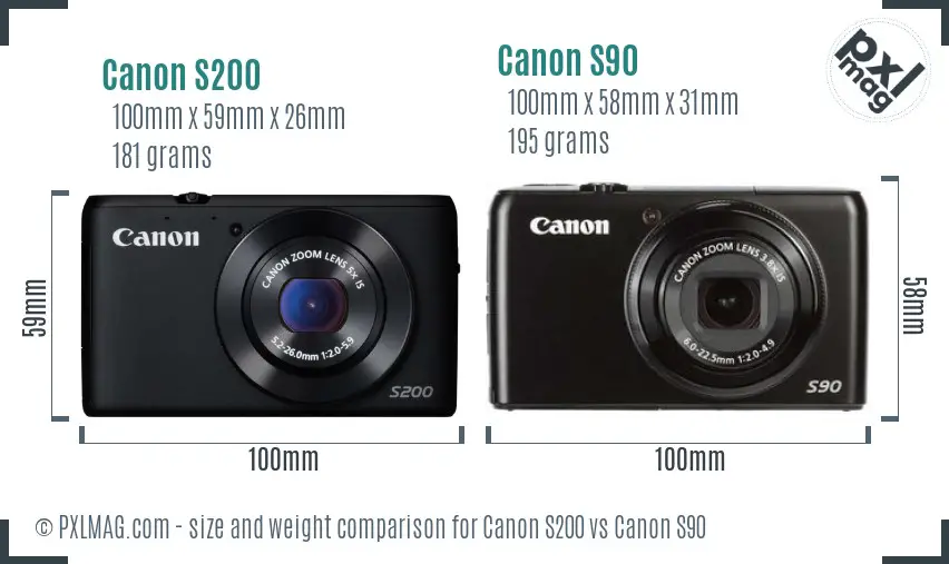 Canon S200 vs Canon S90 size comparison