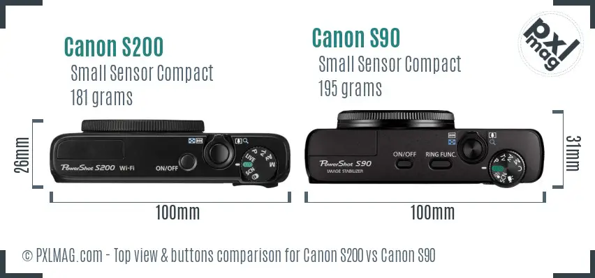 Canon S200 vs Canon S90 top view buttons comparison