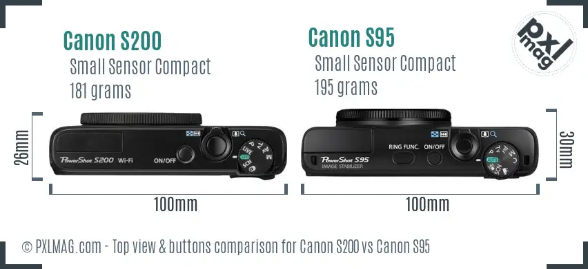 Canon S200 vs Canon S95 top view buttons comparison