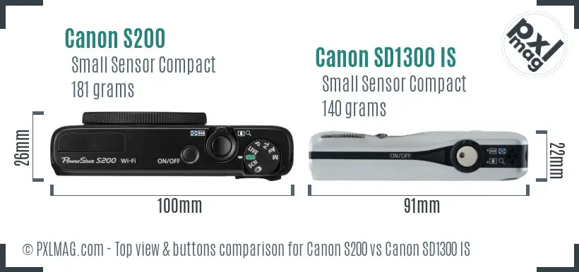 Canon S200 vs Canon SD1300 IS top view buttons comparison Canon S200 vs Canon SD1300 IS top view buttons comparison
