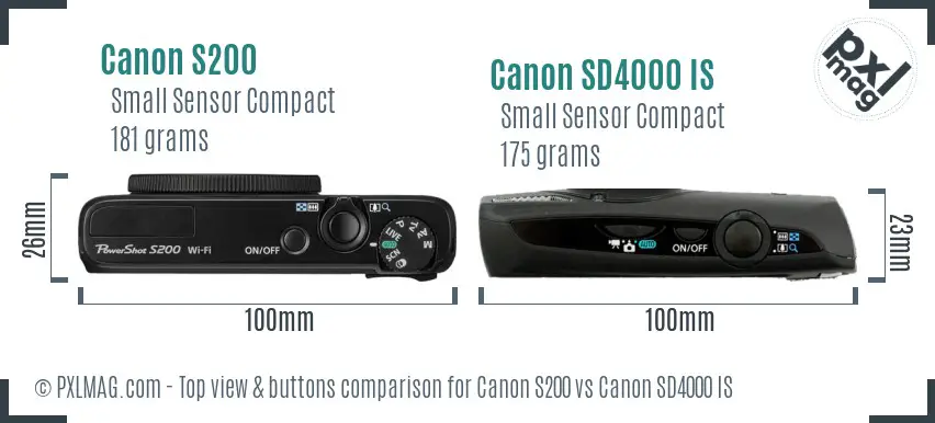 Canon S200 vs Canon SD4000 IS top view buttons comparison