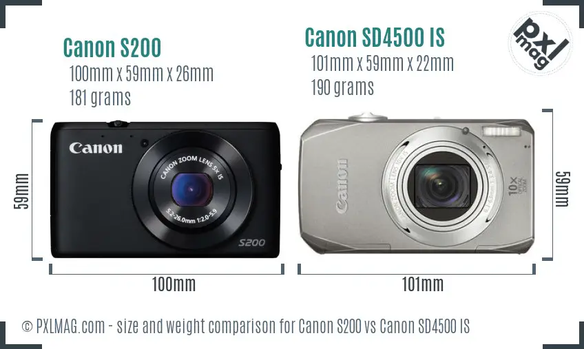 Canon S200 vs Canon SD4500 IS size comparison Canon S200 vs Canon SD4500 IS size comparison