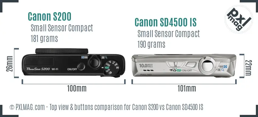 Canon S200 vs Canon SD4500 IS top view buttons comparison Canon S200 vs Canon SD4500 IS top view buttons comparison