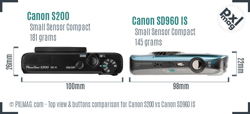 Canon S200 vs Canon SD960 IS top view buttons comparison