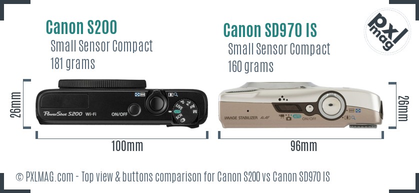 Canon S200 vs Canon SD970 IS top view buttons comparison