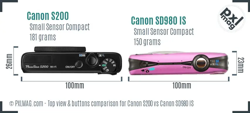 Canon S200 vs Canon SD980 IS top view buttons comparison