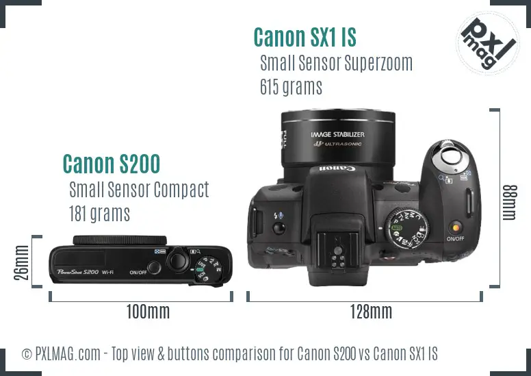 Canon S200 vs Canon SX1 IS top view buttons comparison
