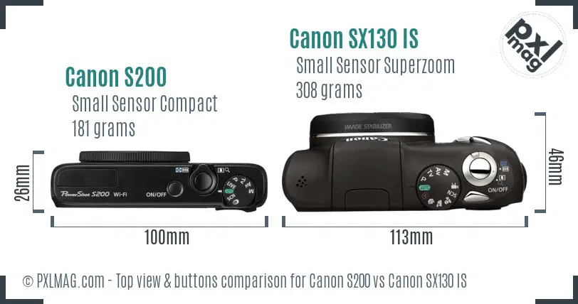 Canon S200 vs Canon SX130 IS top view buttons comparison