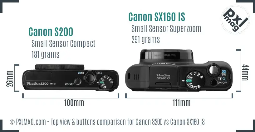 Canon S200 vs Canon SX160 IS top view buttons comparison