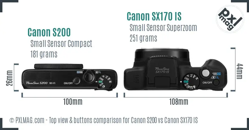 Canon S200 vs Canon SX170 IS top view buttons comparison