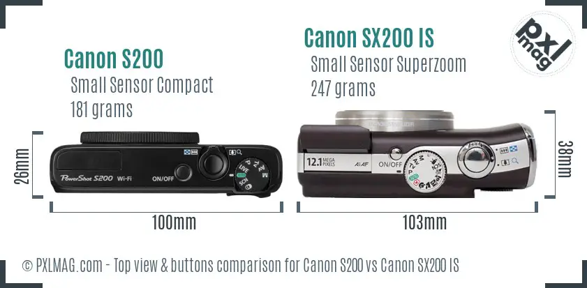 Canon S200 vs Canon SX200 IS top view buttons comparison