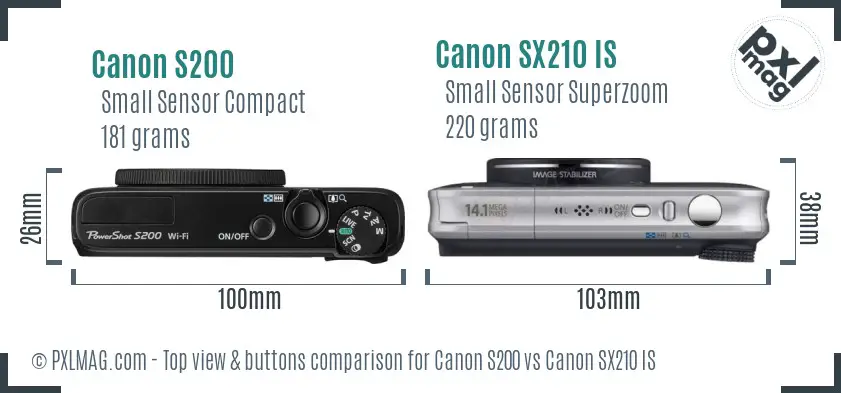 Canon S200 vs Canon SX210 IS top view buttons comparison
