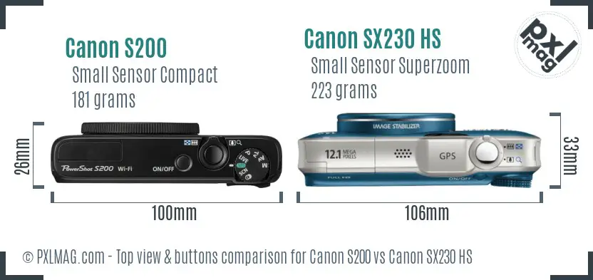 Canon S200 vs Canon SX230 HS top view buttons comparison