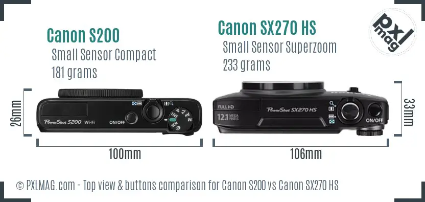 Canon S200 vs Canon SX270 HS top view buttons comparison