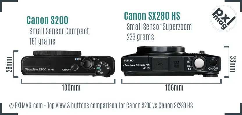 Canon S200 vs Canon SX280 HS top view buttons comparison