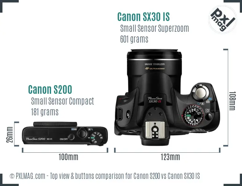 Canon S200 vs Canon SX30 IS top view buttons comparison