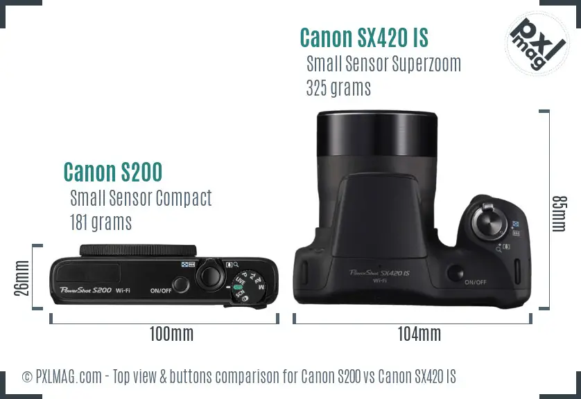 Canon S200 vs Canon SX420 IS top view buttons comparison