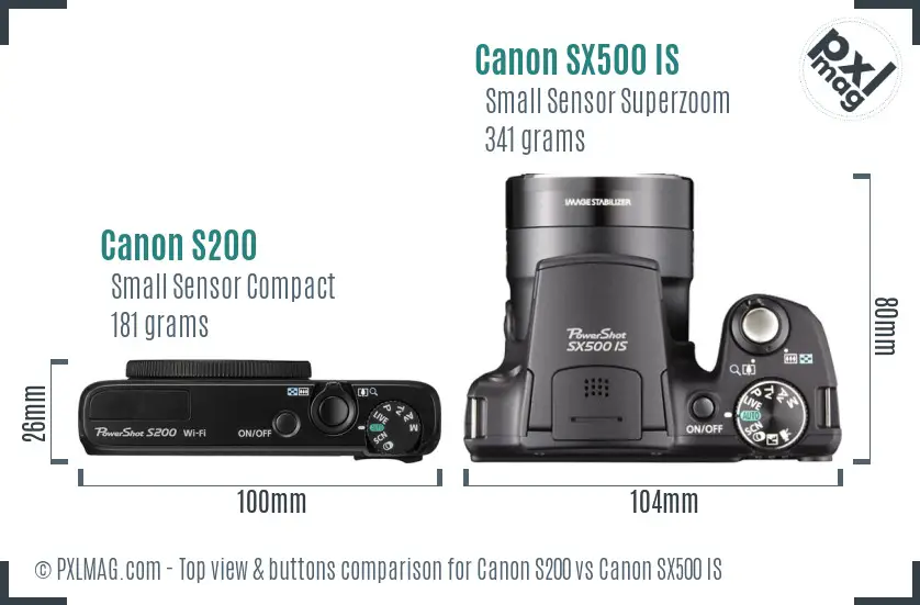 Canon S200 vs Canon SX500 IS top view buttons comparison