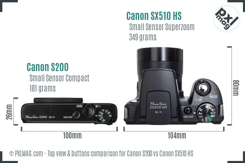 Canon S200 vs Canon SX510 HS top view buttons comparison