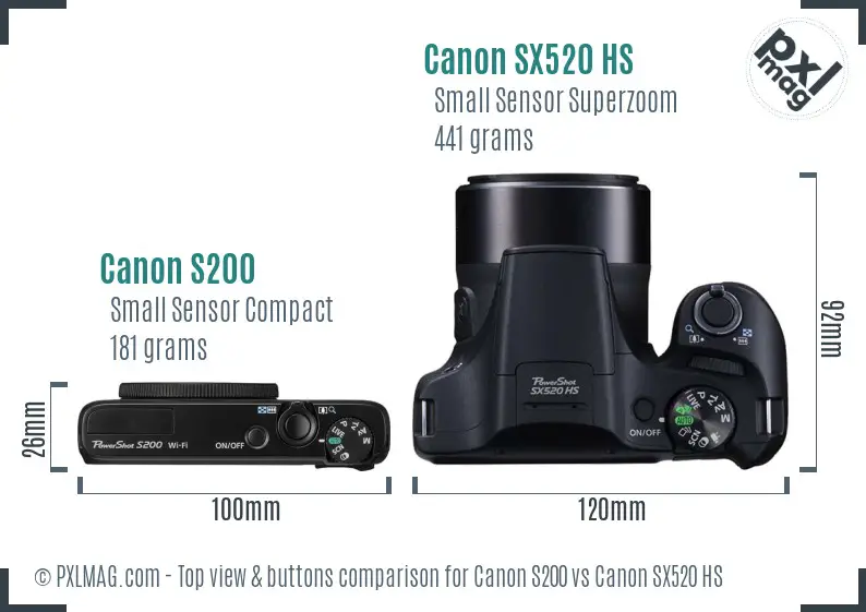 Canon S200 vs Canon SX520 HS top view buttons comparison