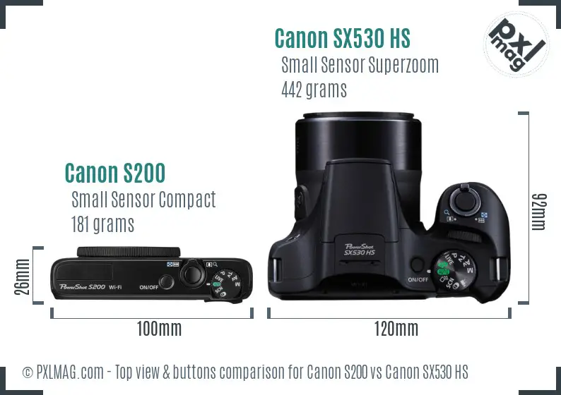 Canon S200 vs Canon SX530 HS top view buttons comparison