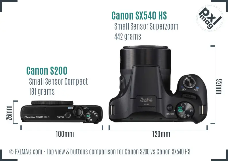 Canon S200 vs Canon SX540 HS top view buttons comparison