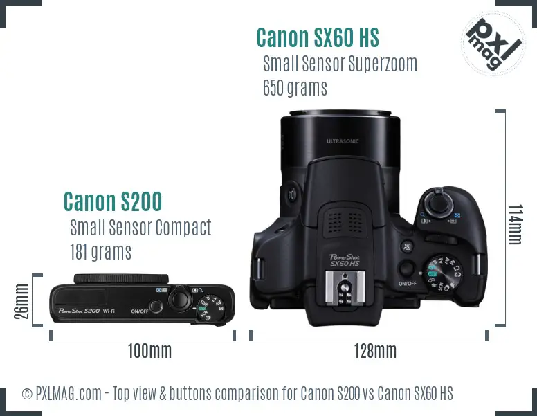Canon S200 vs Canon SX60 HS top view buttons comparison