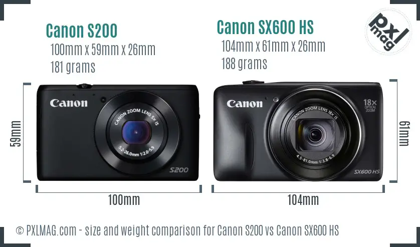 Canon S200 vs Canon SX600 HS size comparison