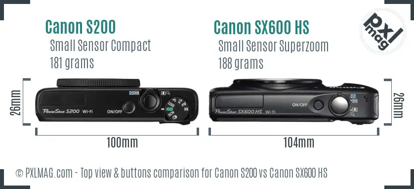 Canon S200 vs Canon SX600 HS top view buttons comparison