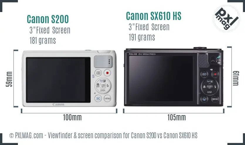 Canon S200 vs Canon SX610 HS Screen and Viewfinder comparison