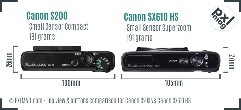 Canon S200 vs Canon SX610 HS top view buttons comparison