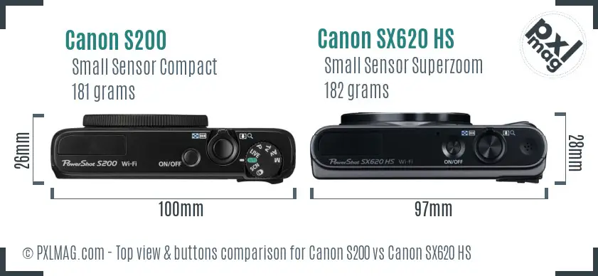 Canon S200 vs Canon SX620 HS top view buttons comparison Canon S200 vs Canon SX620 HS top view buttons comparison