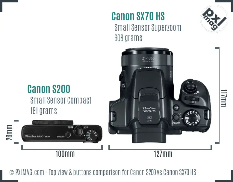 Canon S200 vs Canon SX70 HS top view buttons comparison