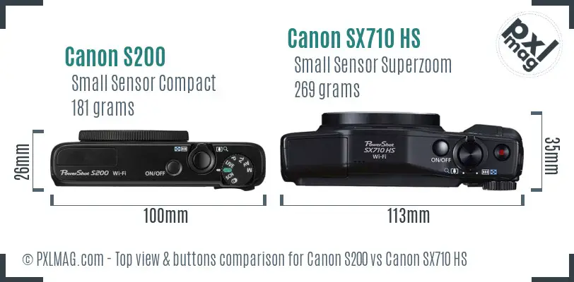 Canon S200 vs Canon SX710 HS top view buttons comparison