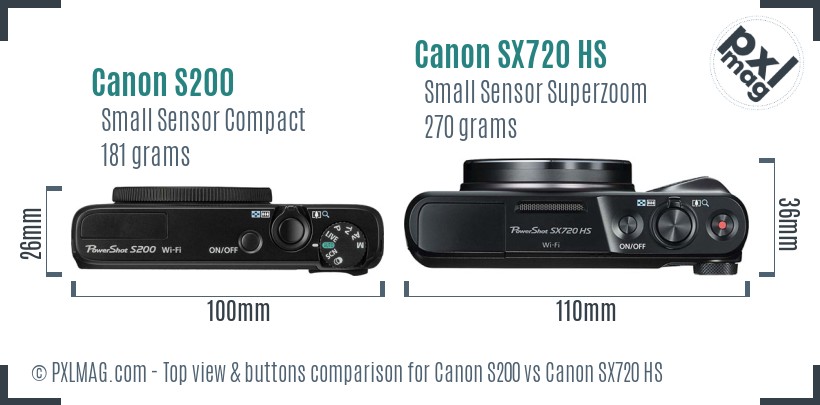 Canon S200 vs Canon SX720 HS top view buttons comparison