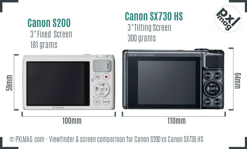 Canon S200 vs Canon SX730 HS Screen and Viewfinder comparison