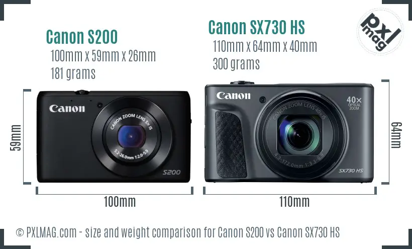 Canon S200 vs Canon SX730 HS size comparison