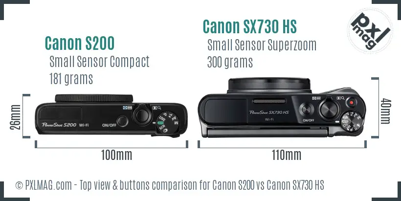 Canon S200 vs Canon SX730 HS top view buttons comparison