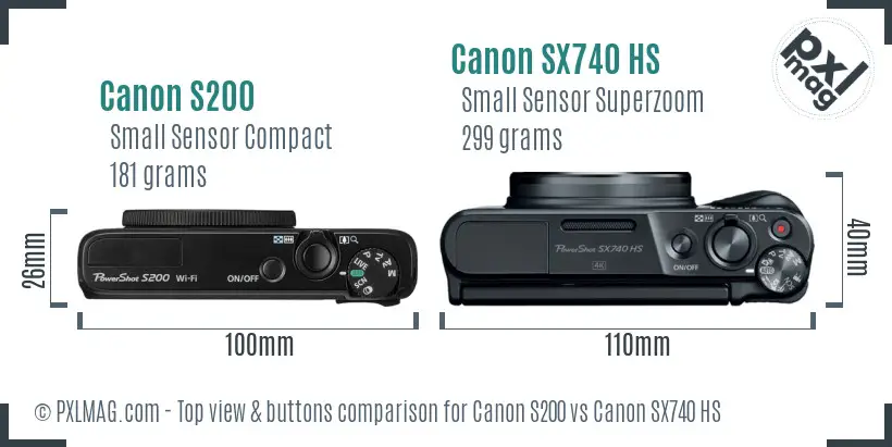 Canon S200 vs Canon SX740 HS top view buttons comparison