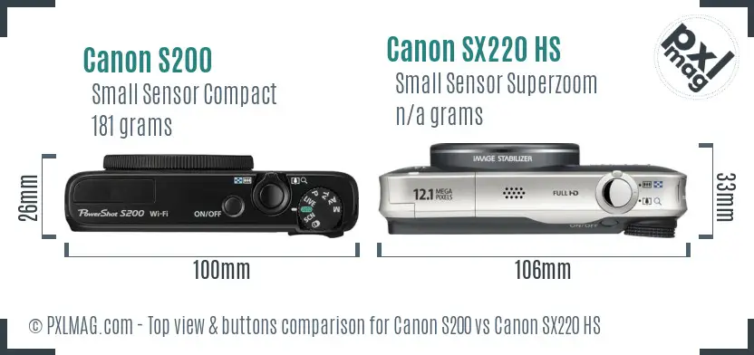 Canon S200 vs Canon SX220 HS top view buttons comparison Canon S200 vs Canon SX220 HS top view buttons comparison