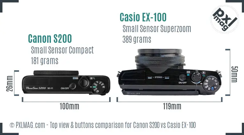 Canon S200 vs Casio EX-100 top view buttons comparison