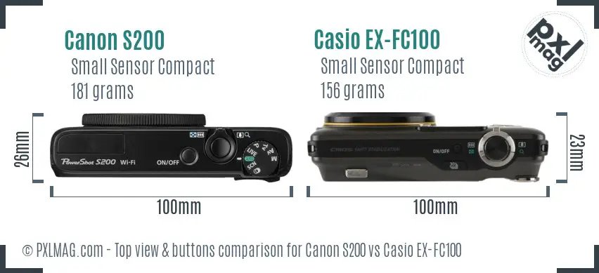 Canon S200 vs Casio EX-FC100 top view buttons comparison