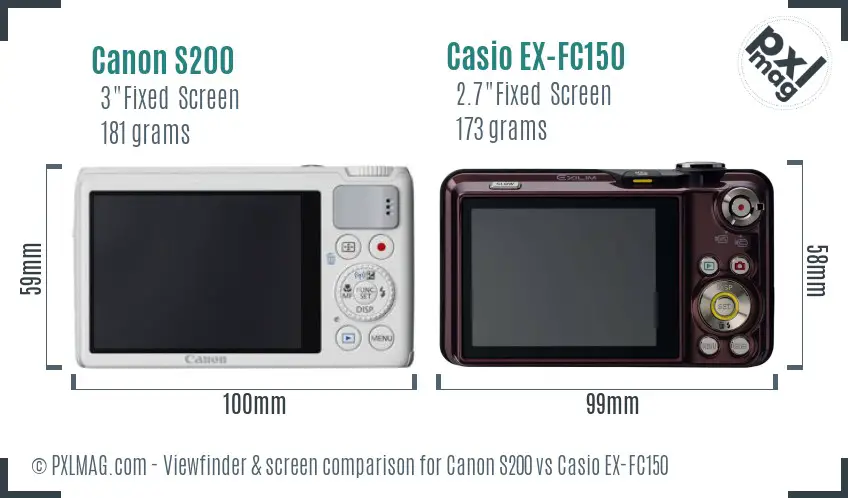 Canon S200 vs Casio EX-FC150 Screen and Viewfinder comparison