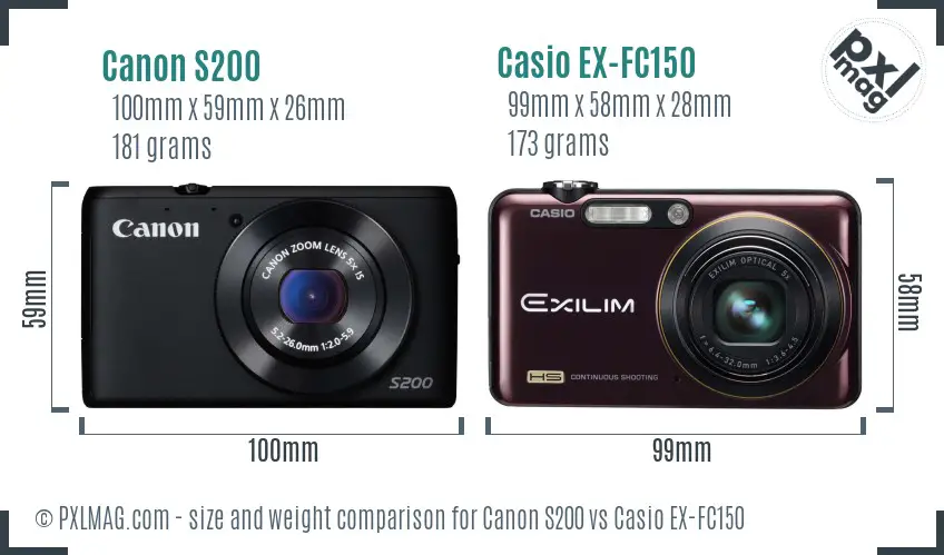 Canon S200 vs Casio EX-FC150 size comparison