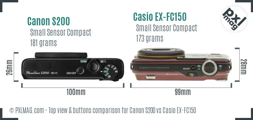 Canon S200 vs Casio EX-FC150 top view buttons comparison