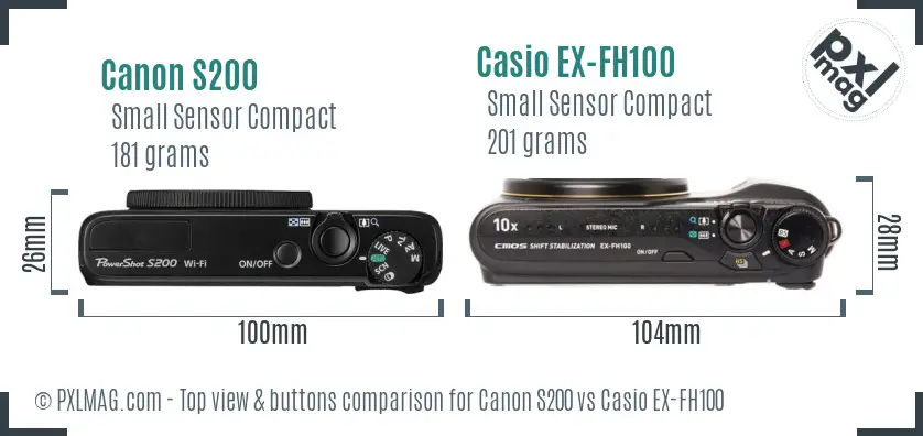 Canon S200 vs Casio EX-FH100 top view buttons comparison