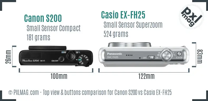 Canon S200 vs Casio EX-FH25 top view buttons comparison