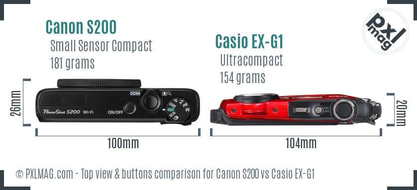 Canon S200 vs Casio EX-G1 top view buttons comparison